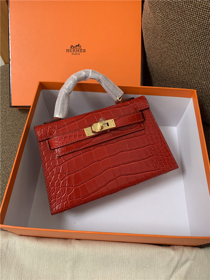 Hermes Kelly Mini II Bag Embossed Crocodile Leather WAX Silver/Gold Metal High Customizing style