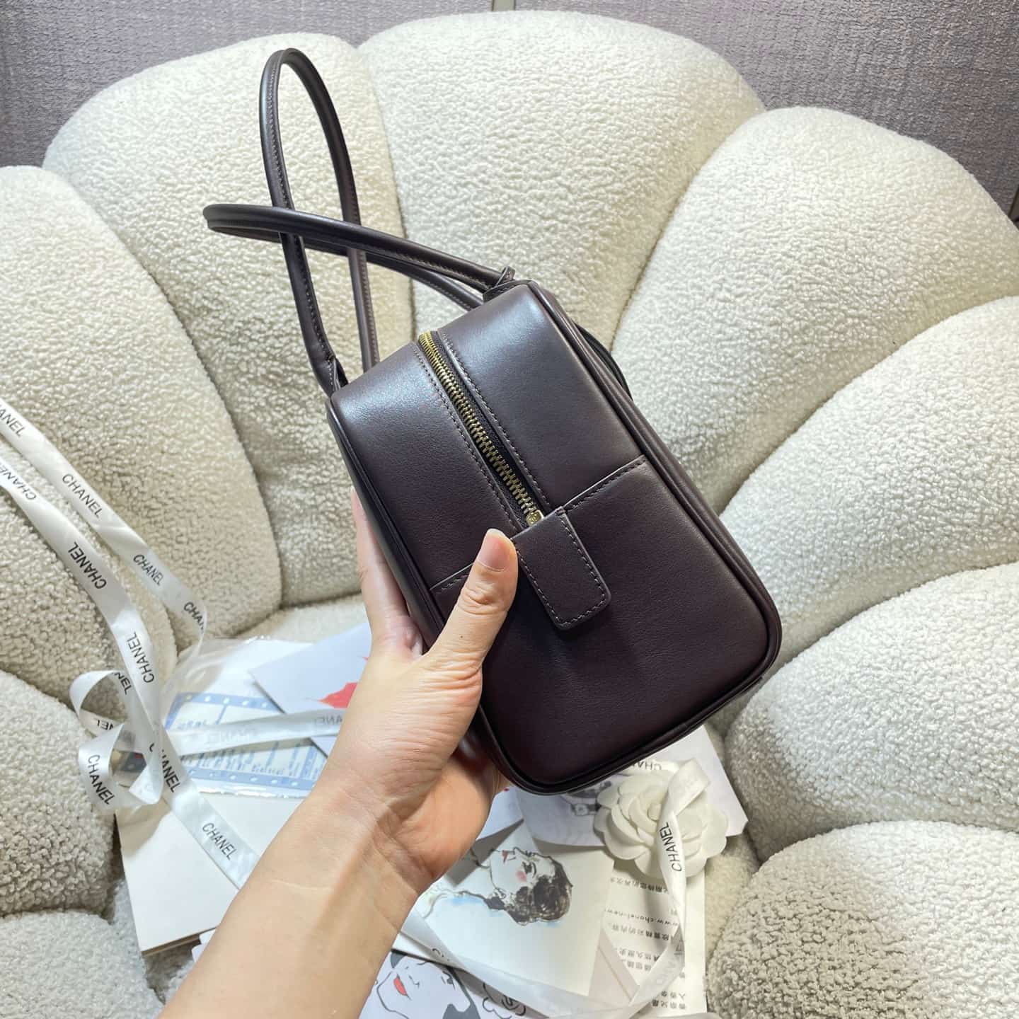 Chanel Maxi Bowling Bag Calfskin & Gold-Tone Metal Dark Brown AS6211 A