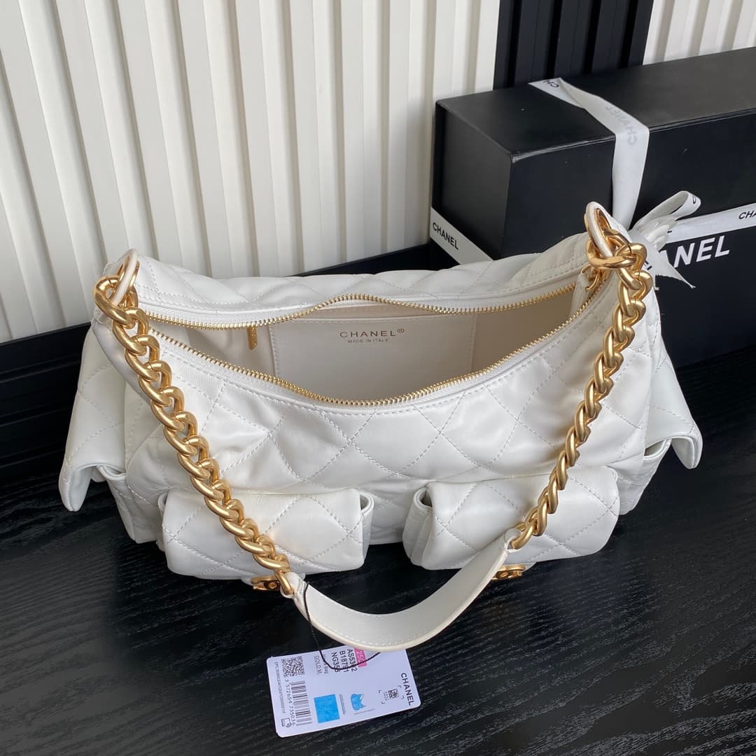 Chanel Trendy Pockets Hobo Bag Lambskin & Gold Metal White AS5302 A