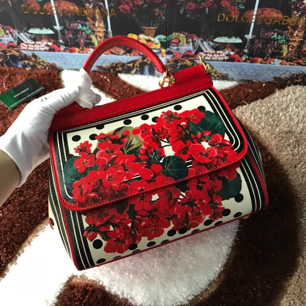 Dolce & Gabbana Miss Sicily top handle bag with embroidered geranium flowers print leather High