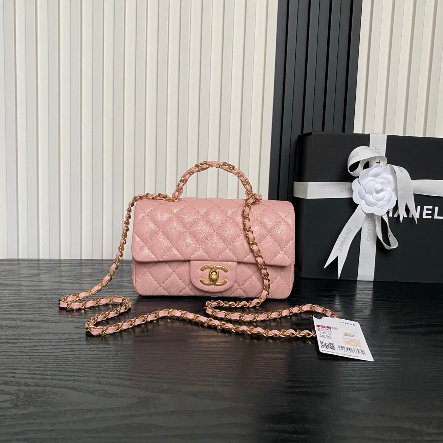 Chanel Mini Flap Bag with Top Handle Grained Shiny Calfskin &  Gold-Tone Metal Pink AS5702 A