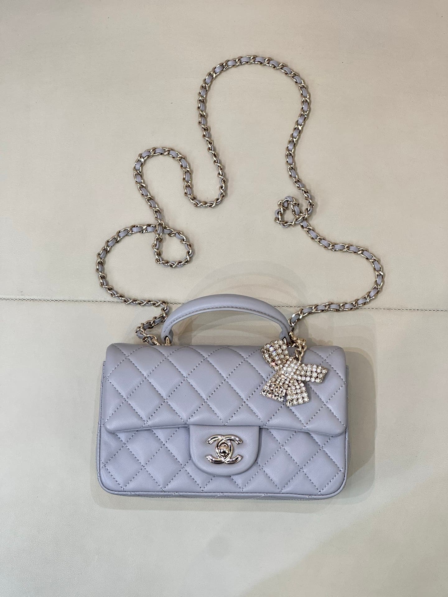 Chanel Mini Classic Handbag Lambskin Strass & Gold-Tone Metal AS2431 grey TOP