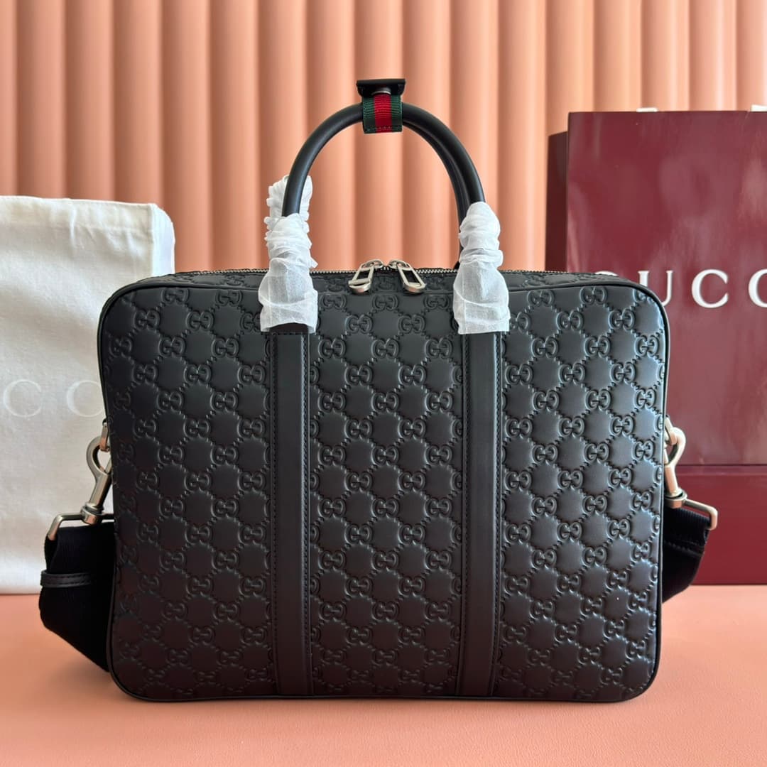 Gucci GG Emblem large briefcase Black embossed GG soft leather 850222 High