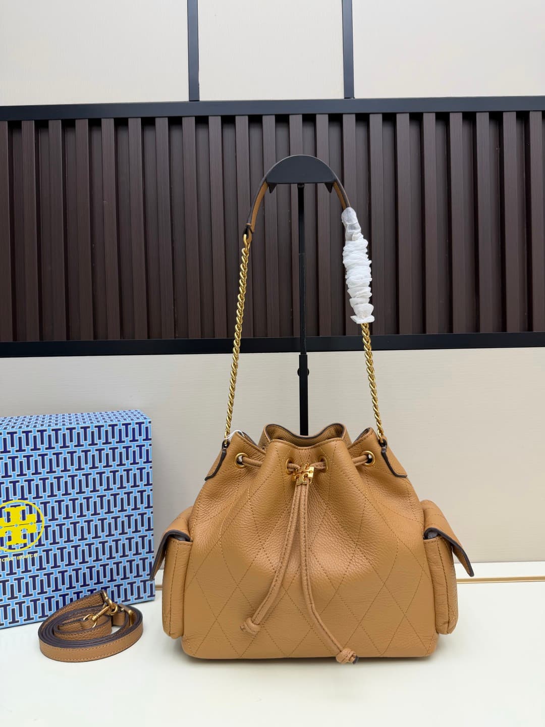 Tory Burch Charlie Quilted Drawstring Shoulder Bag Caramel Leather High