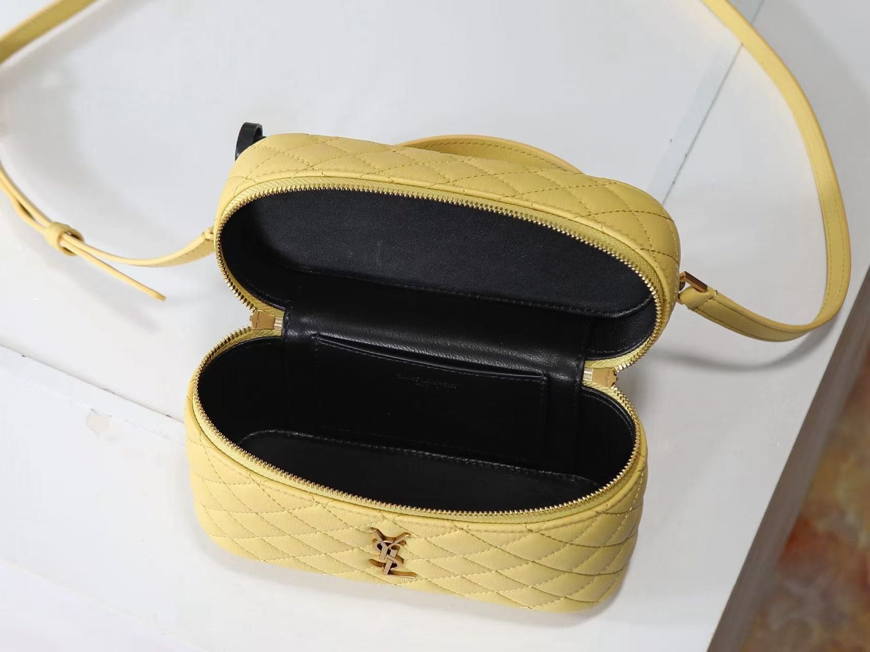 Saint Laurent Gaby mini lambskin vanity bag in light yellow high