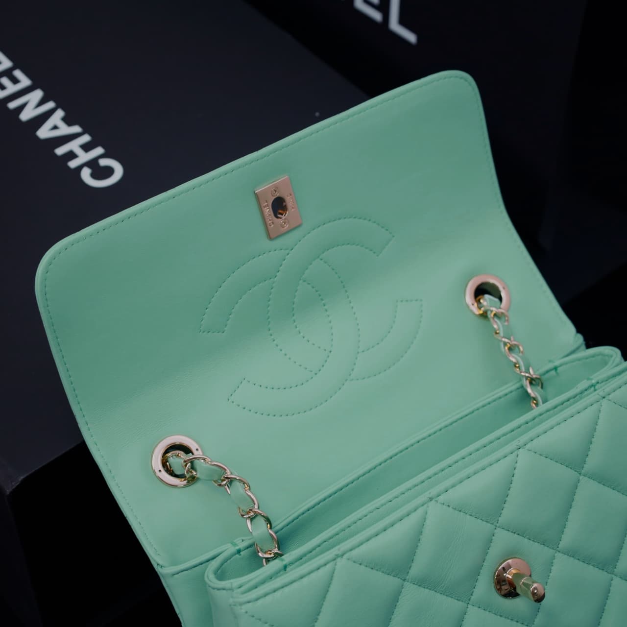 SMALL FLAP BAG WITH TOP HANDLE Lambskin Gold Metal Green A