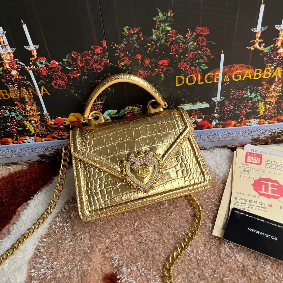 Dolce & Gabbana Small Devotion bag in crocodile-effect calfskin Gold High