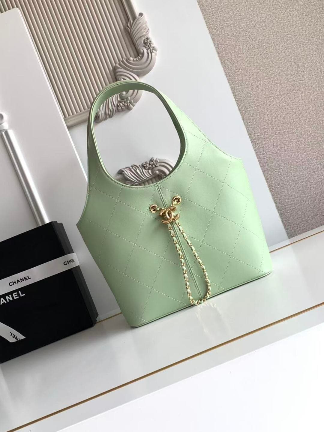 Chanel Medium Shopping Bag Green Leather & Gold-Tone Metal AS6108 A