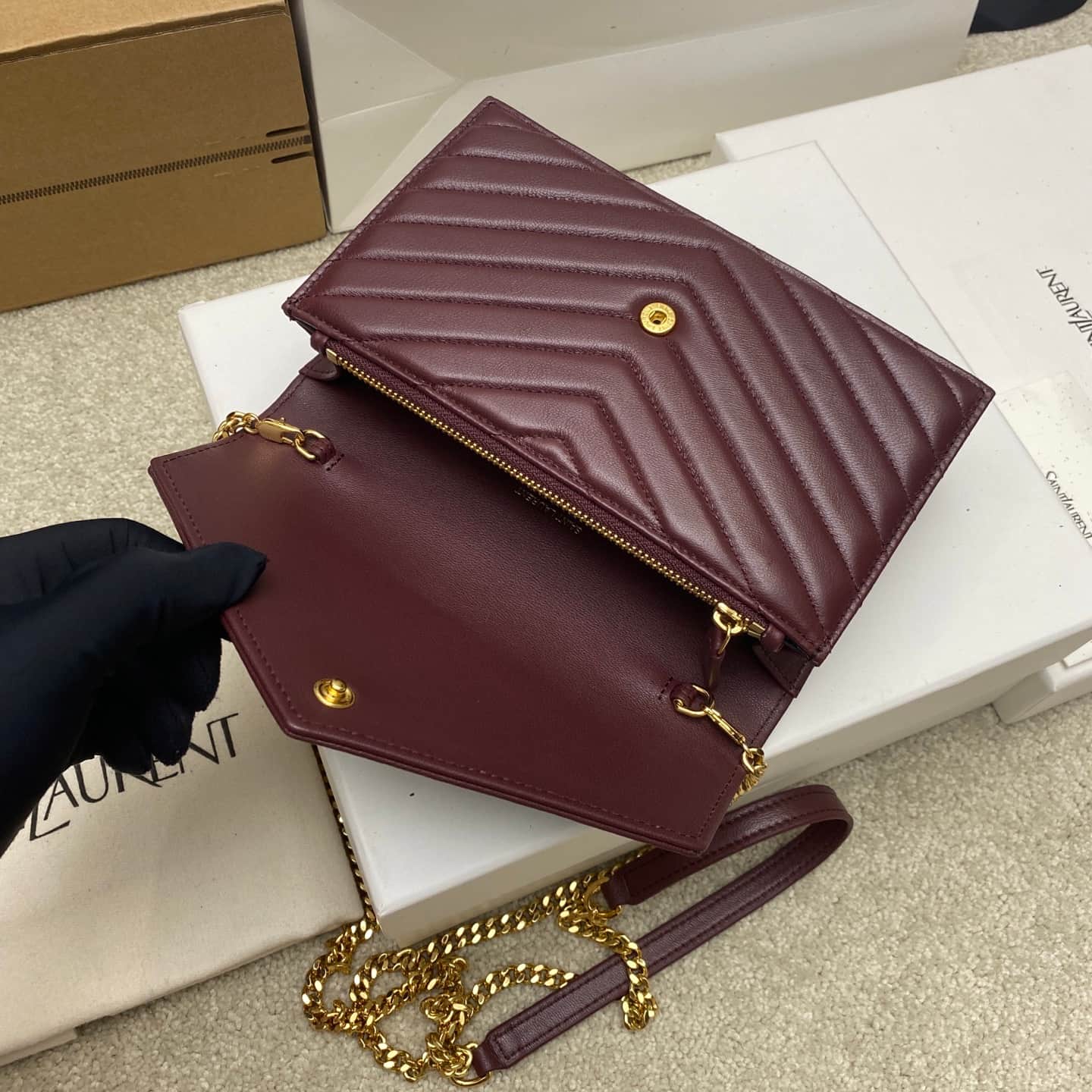 Saint Laurent Monogram Matelassé Cassandre Wallet on Chain Burgundy Lambskin 393953 High