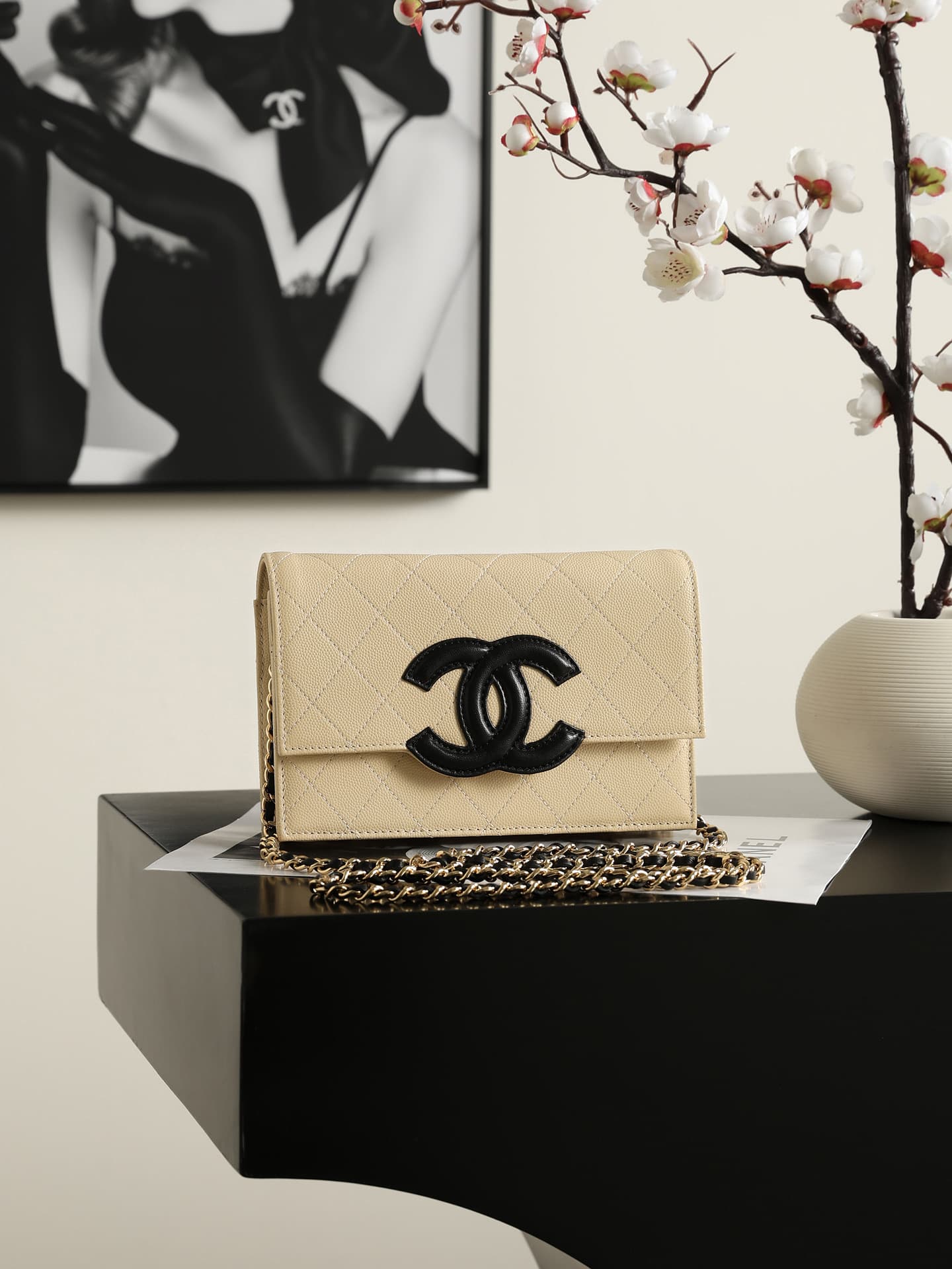 Chanel Wallet on Chain Shiny Grained Calfskin Lambskin & Gold-Tone Metal Beige AP5455 A