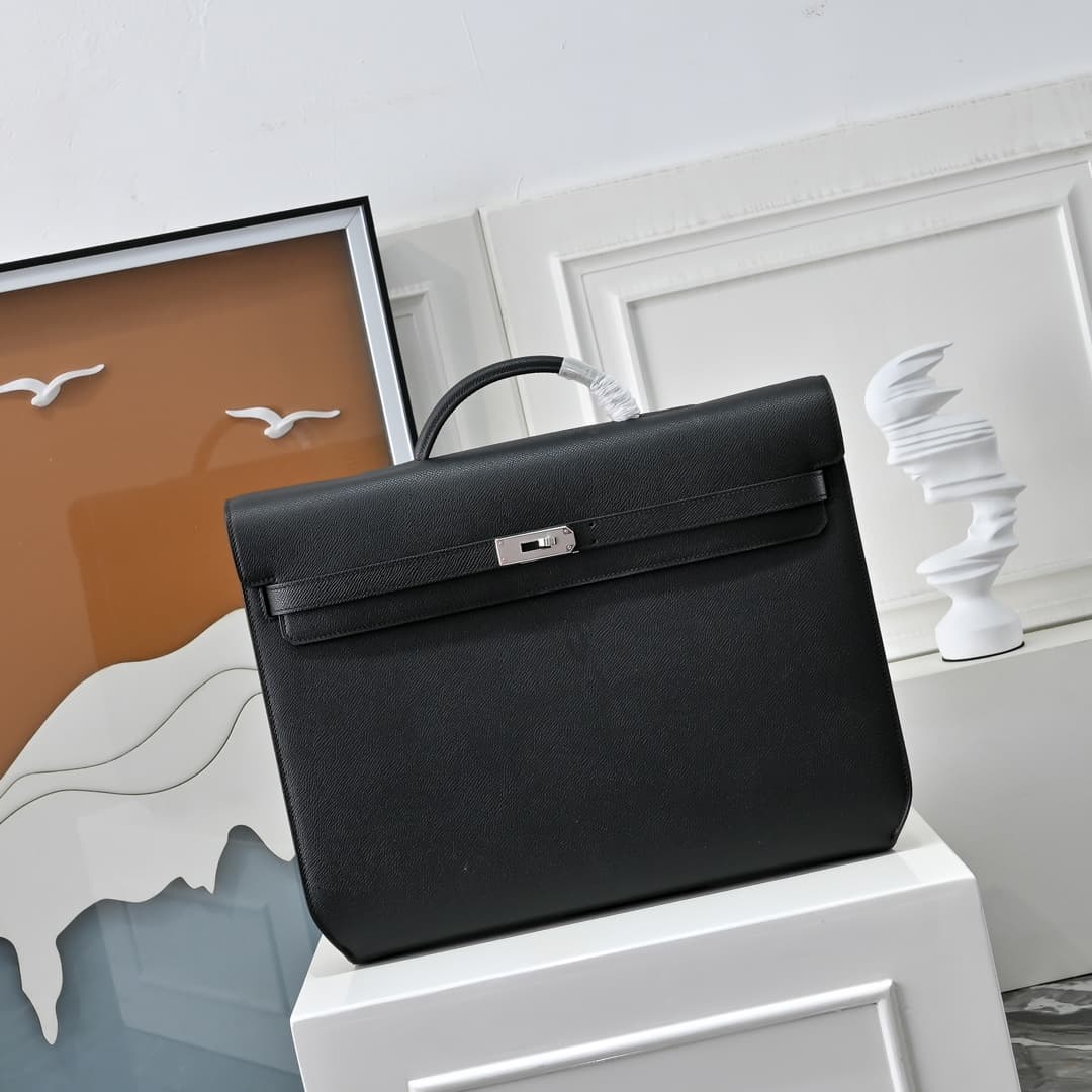 Hermes Kelly depeches Epsom 36 briefcase In Black Silver Metal CalfskIn WAX High
