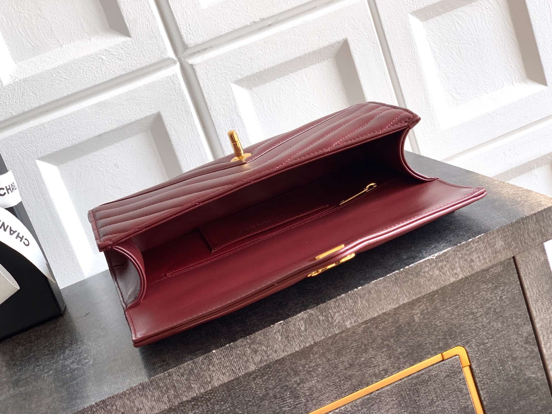 Chanel Flap Bag with Top Handle Chevron Lambskin& Gold-Tone Metal Claret AS6044 A
