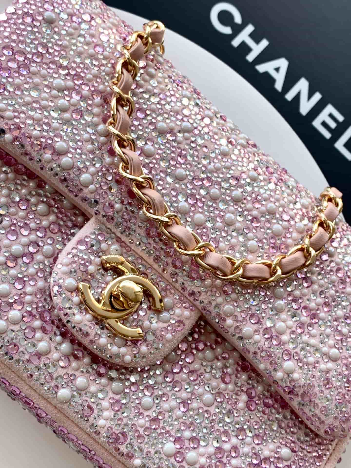 Chanel Classic Mini Flap Bag Strass Imitation Pearls & Gold-Tone Metal  Pink 6171 A