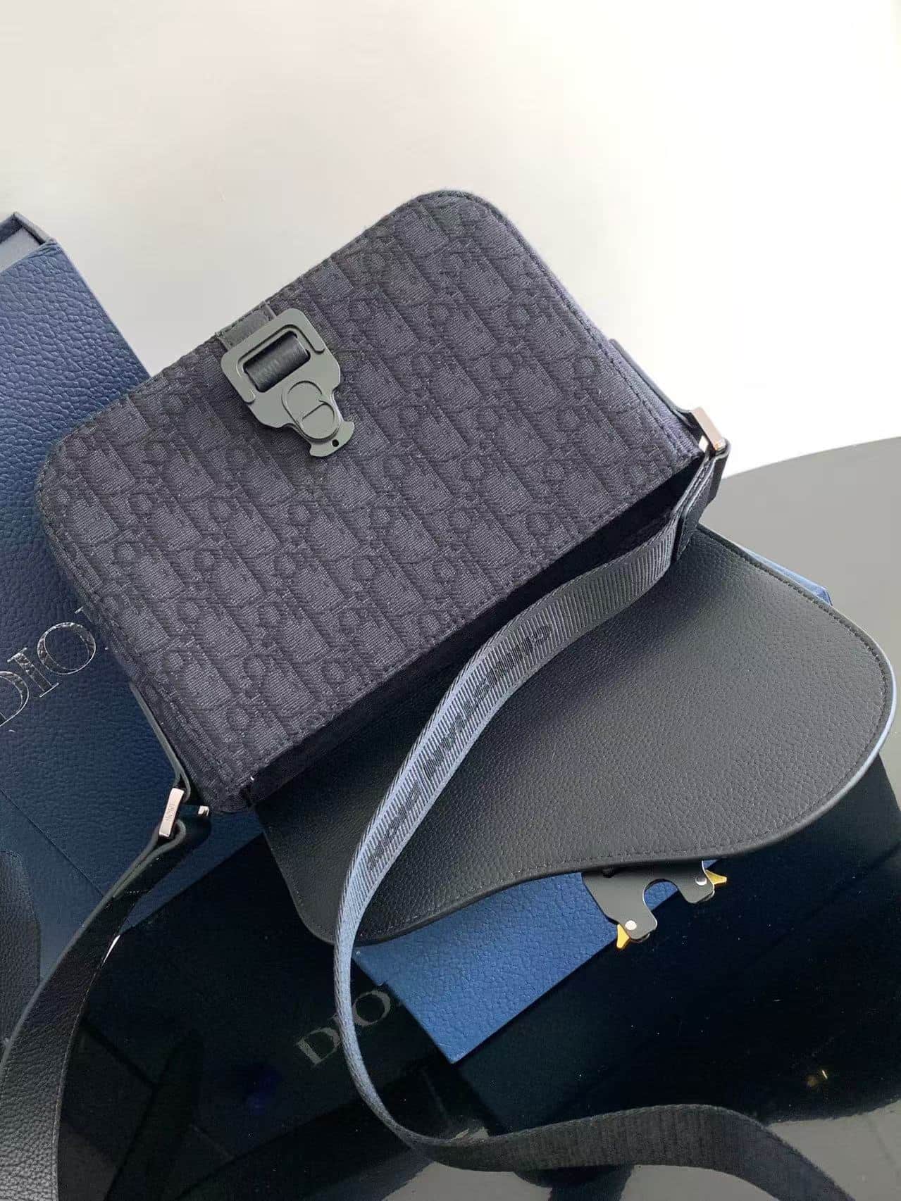 Small Saddle Messenger Bag with Flap Grained Calfskin and Oblique Black High