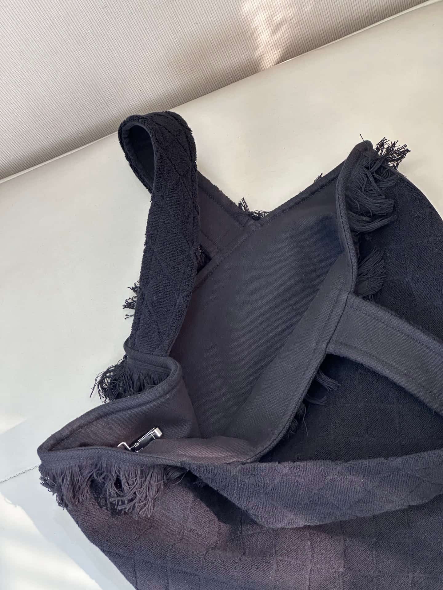Chanel Beach Hobo Handbag Quilted Black Terry Cloth TOP
