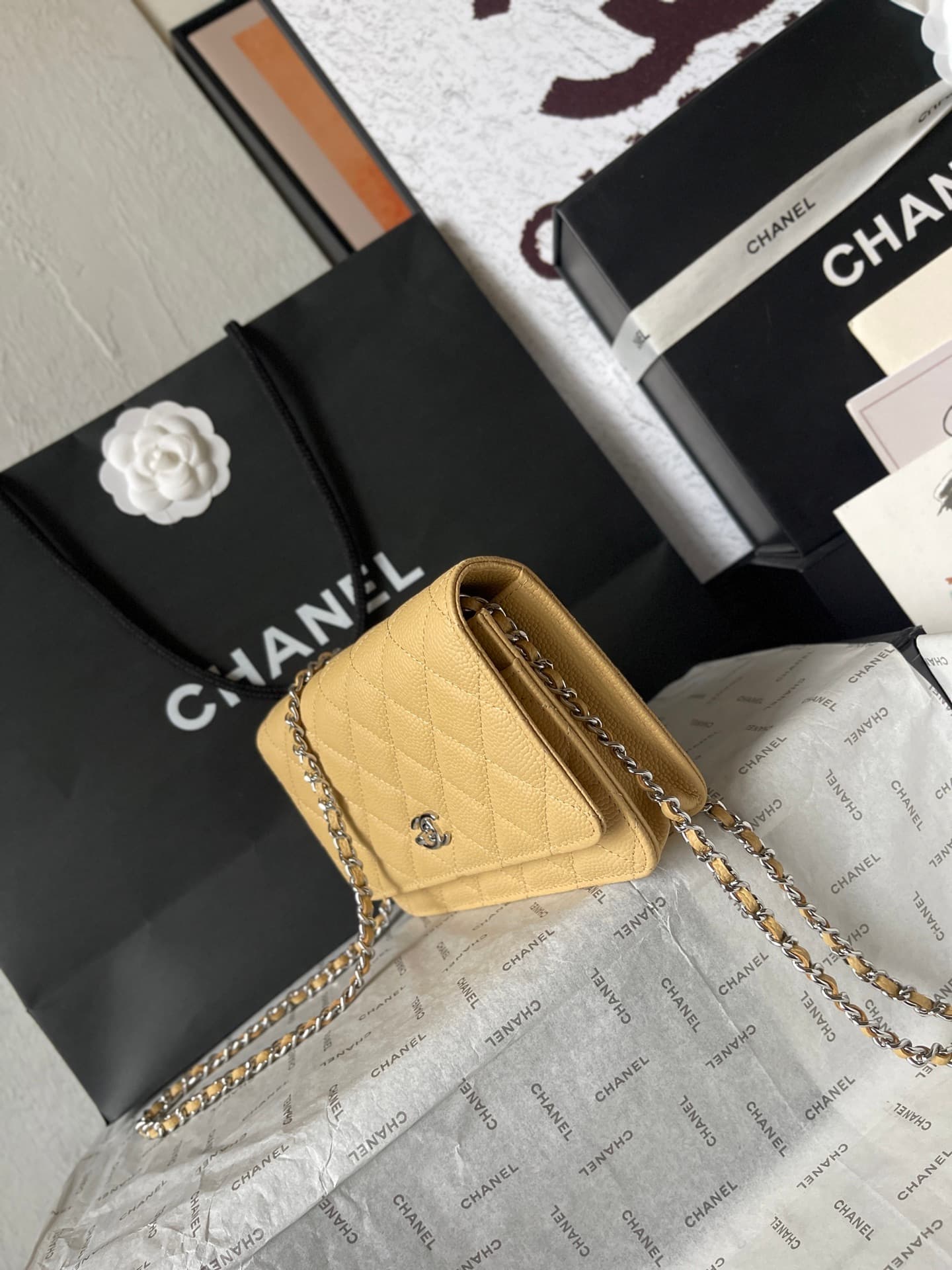 Chanel Classic Wallet on Chain Grained Shiny Calfskin & Silver-Tone Metal AP4241 Beige A