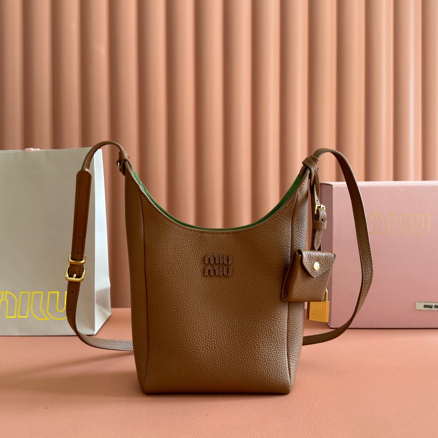 Miu Miu brown leather bucket crossbody bag 5be098 TOP