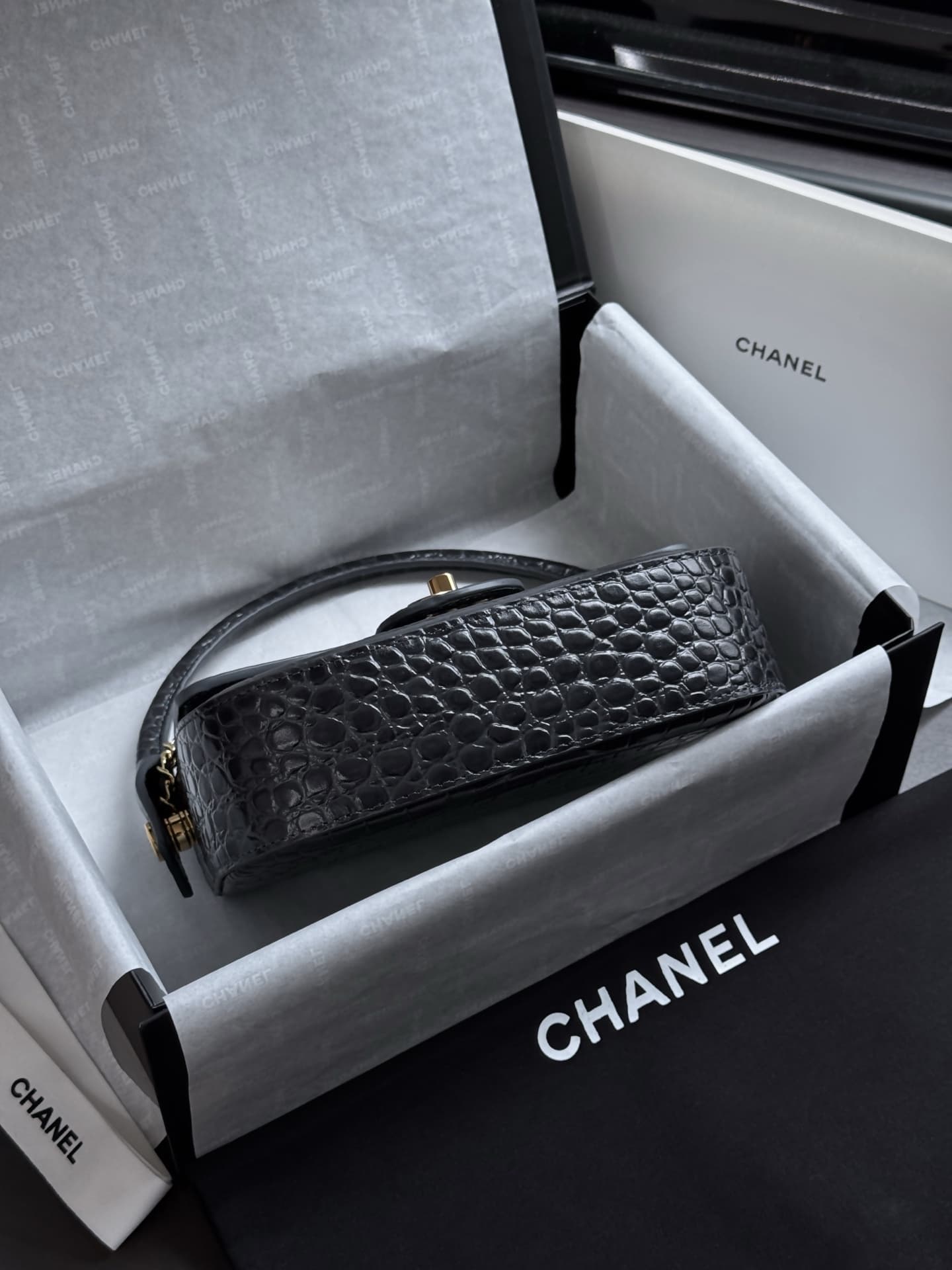 Chanel Mini Flap Bag with Top Handle Crocodile Embossed Calfskin & Gold-Tone Metal AS6424 A