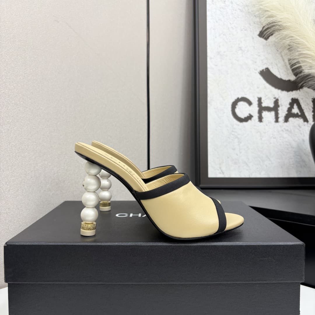 Chanel Lambskin Grosgrain Cap Toe Pearl Mule Shoes Women