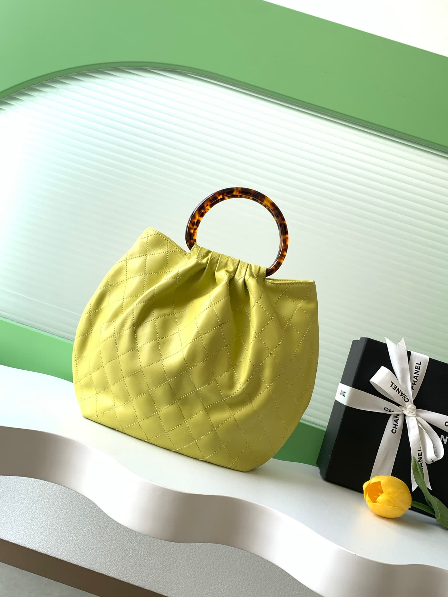 Chanel Medium Hobo Bag Lambskin-Shell Effect Plexi & Gold-Tone Metal Yellow AS6010 High
