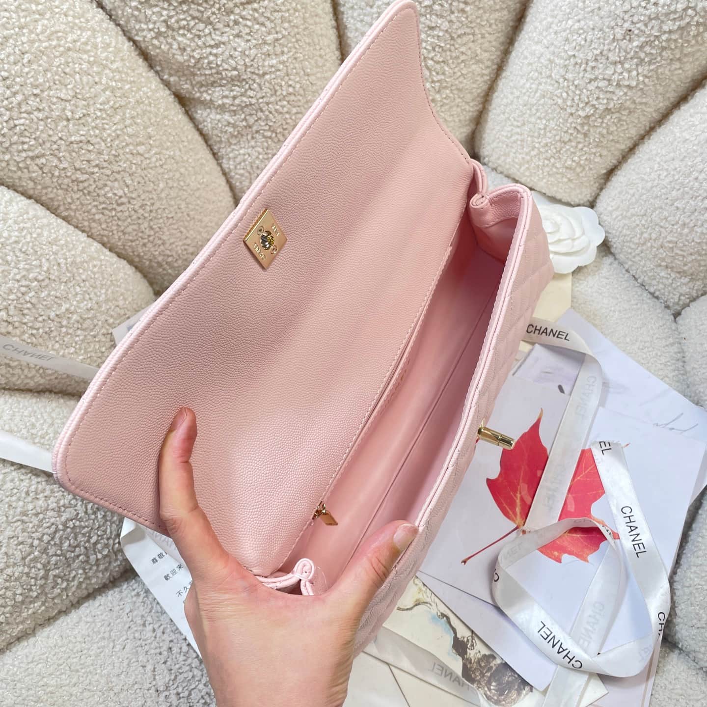 Chanel Maxi Flap Bag with Top Handle Grained Calfskin& Gold-Tone Metal AS6091 Pink A