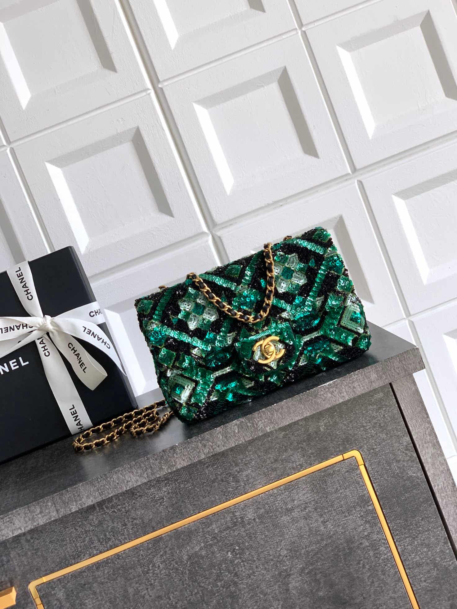 Chanel Classic Mini Flap Bag Sequins Embroidery & Gold-Tone Metal Green 6171 A