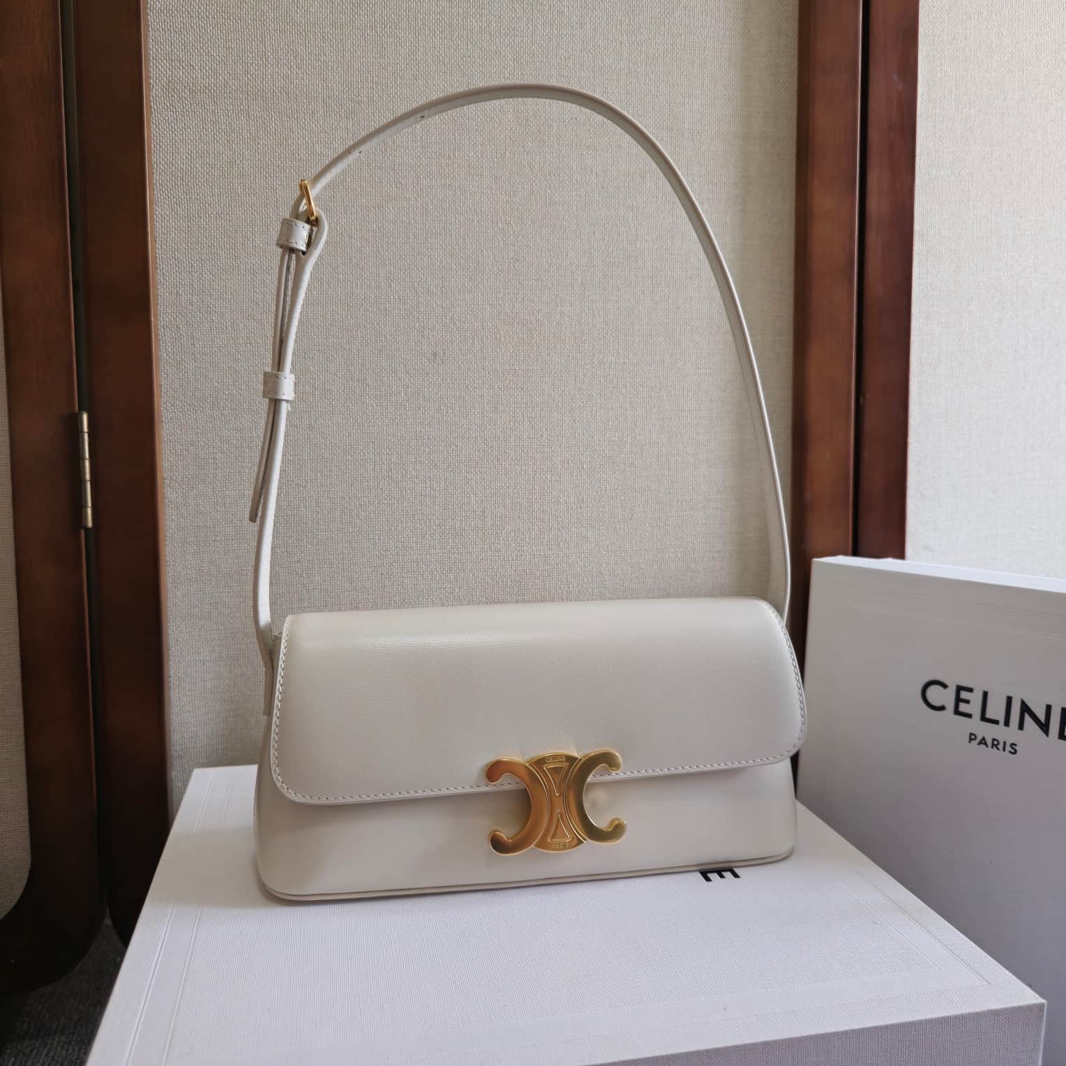 Celine Triomphe Shoulder Bag in Shiny Calfskin White High