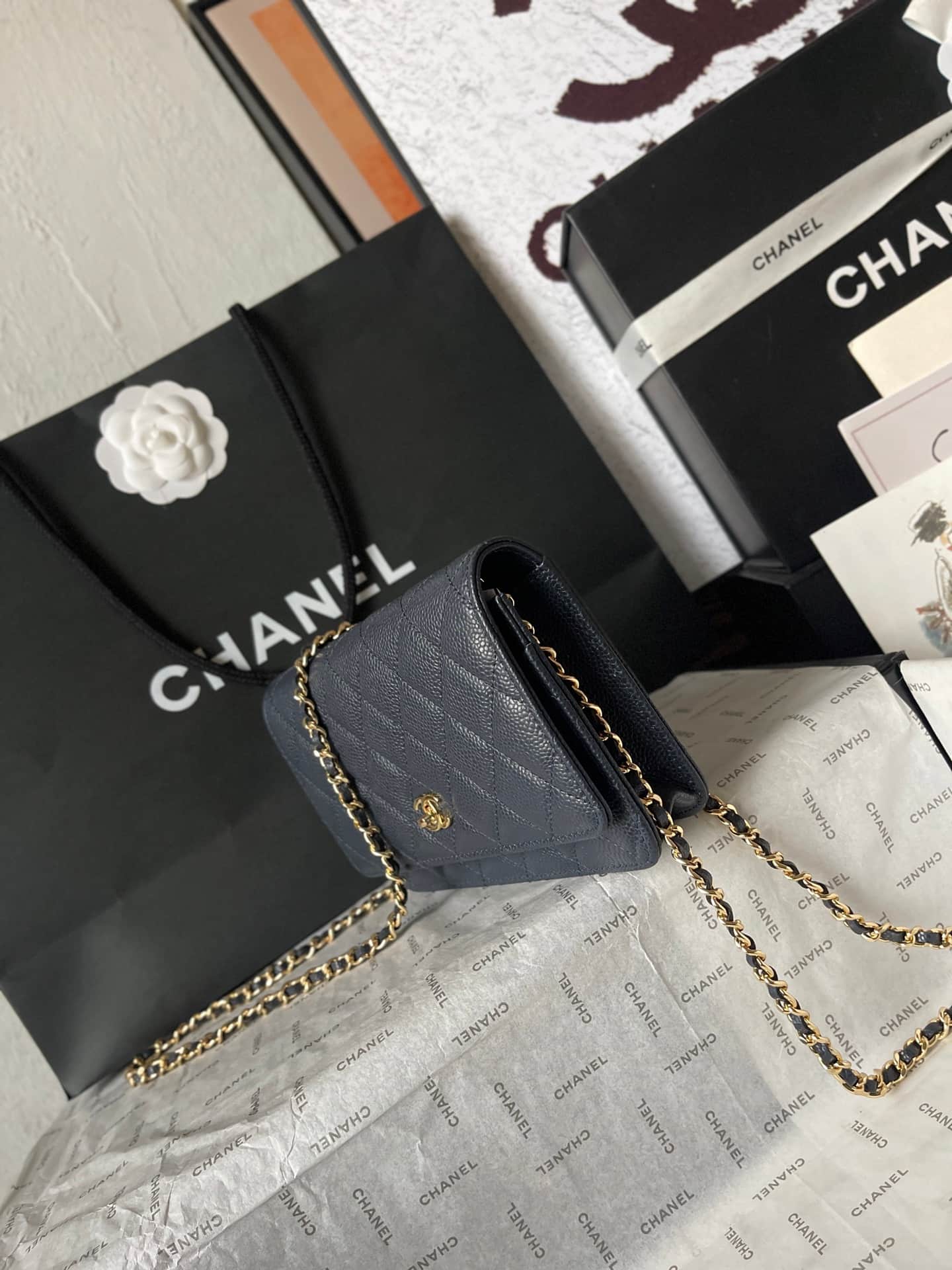 Chanel Classic Wallet on Chain Grained Shiny Calfskin & Gold-Tone Metal AP4241 Dark Blue A