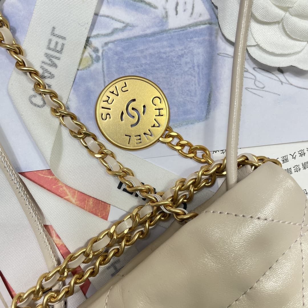 Chanel 22 MINI HANDBAG Shiny Calfskin Cream & Gold-Tone Metal AS3980 High