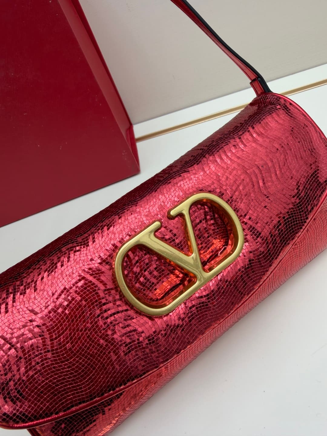 Valentino Garavani Devain Small Nappa Sequins Shoulder Bag Red High
