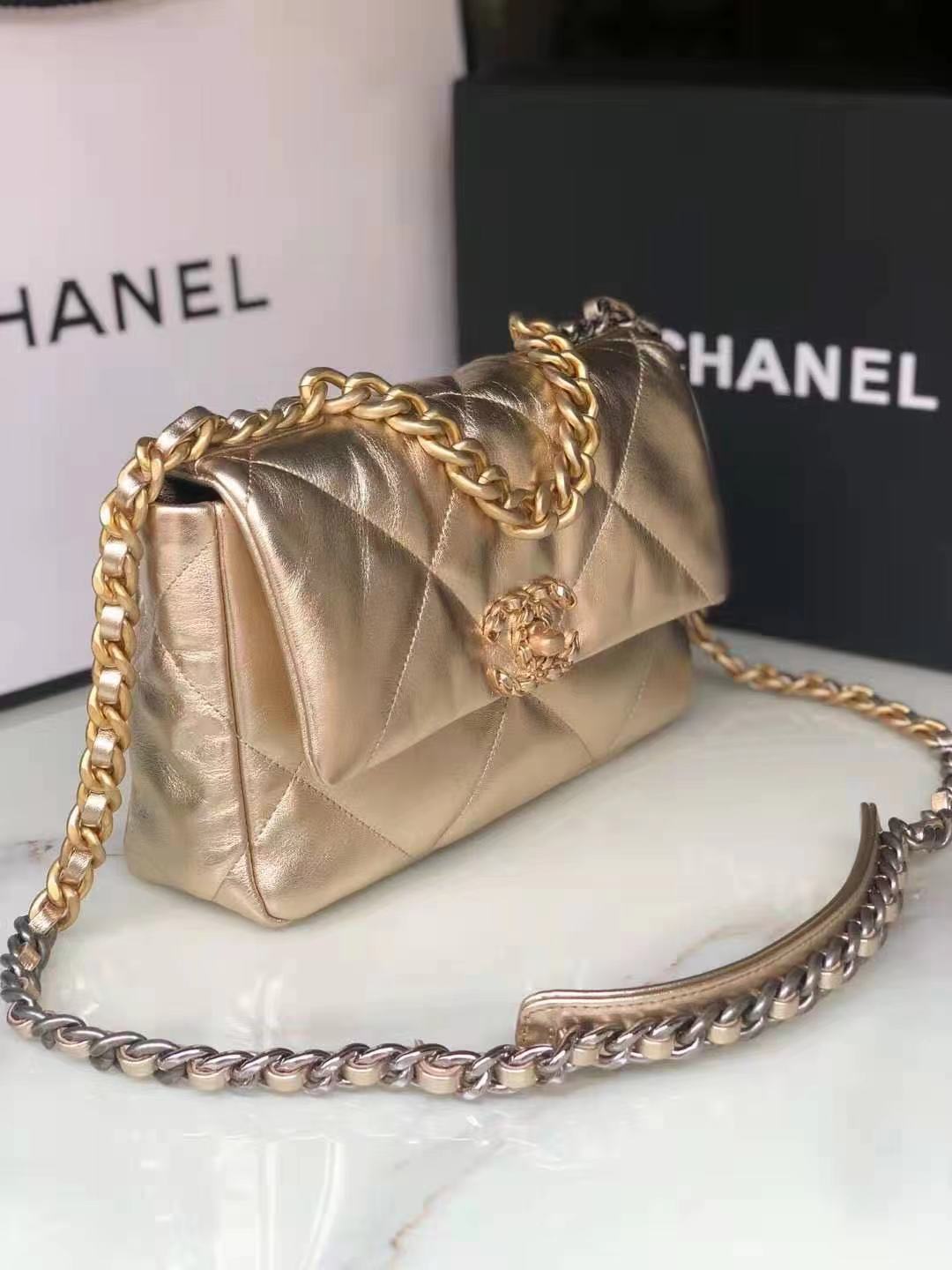 Chanel 19 Flap Bag Lambskin Champagne High