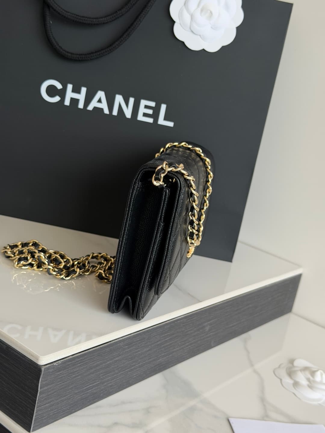 Chanel Wallet on Chain Shiny Grained Calfskin Strass & Gold-Tone Metal Black AP5073 High