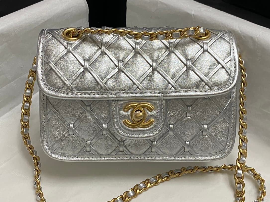 Chanel Mini Flap Bag Metallized Braided Calfskin & Gold-Tone Metal  Silver AS4797 High