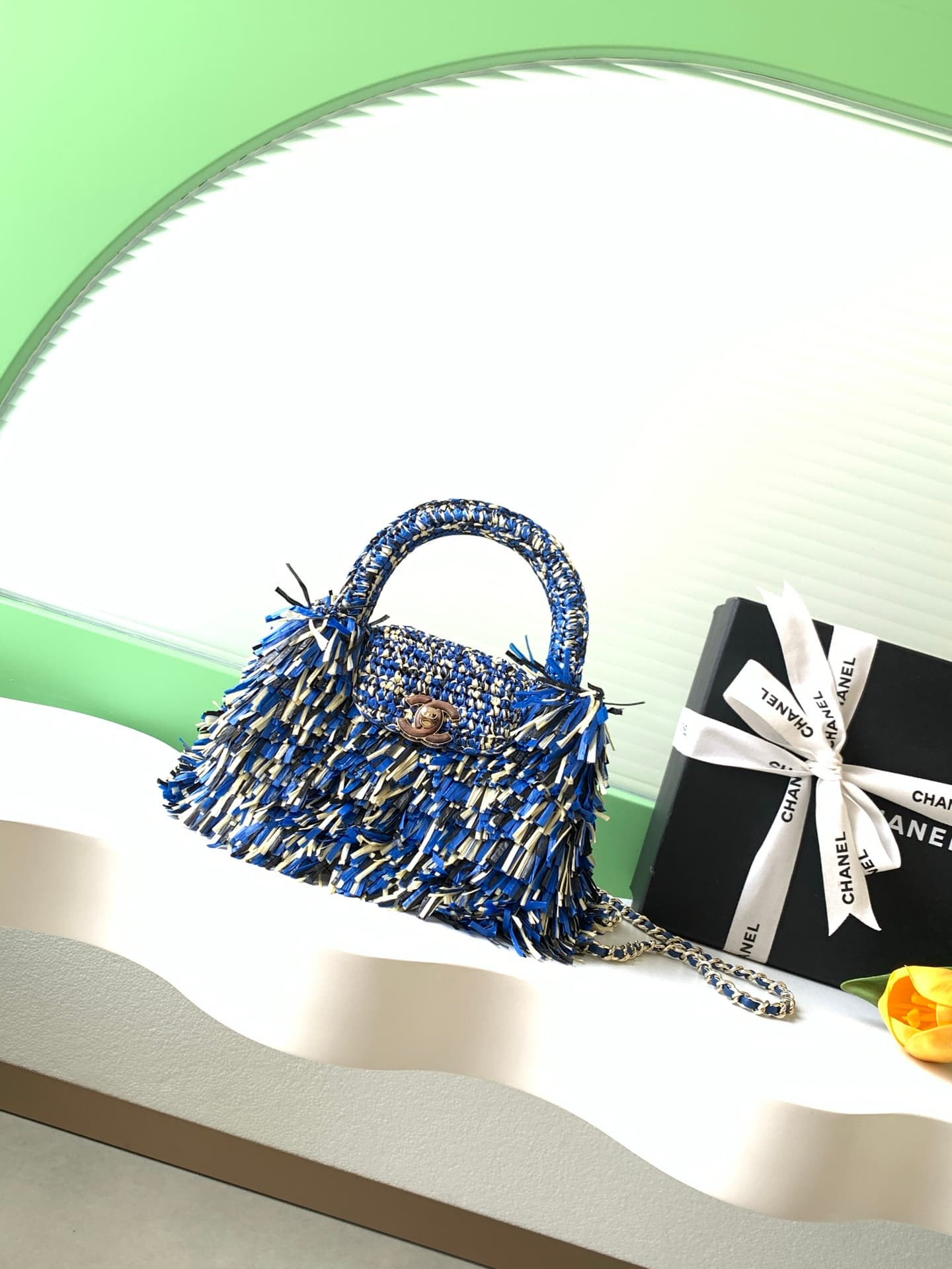 Chanel Mini Shopping Bag Raffia-Effect Fabric, Wood & Gold-Tone Metal AS4416 A