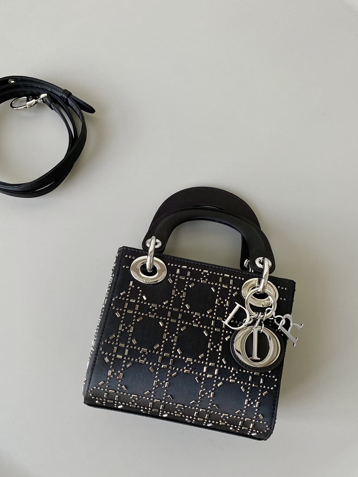 Christian Lady Dior Bag Mini Crystal Embellished Cannage Quilt Satin Black High