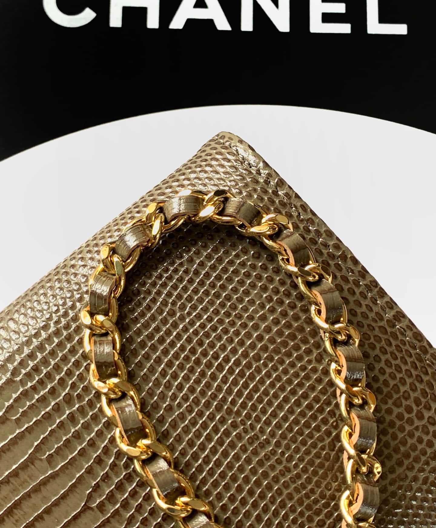 Chanel Clutch with chain Lizard Embossed Calfskin & Gold-Tone Metal Dark Khaki AP5280 A
