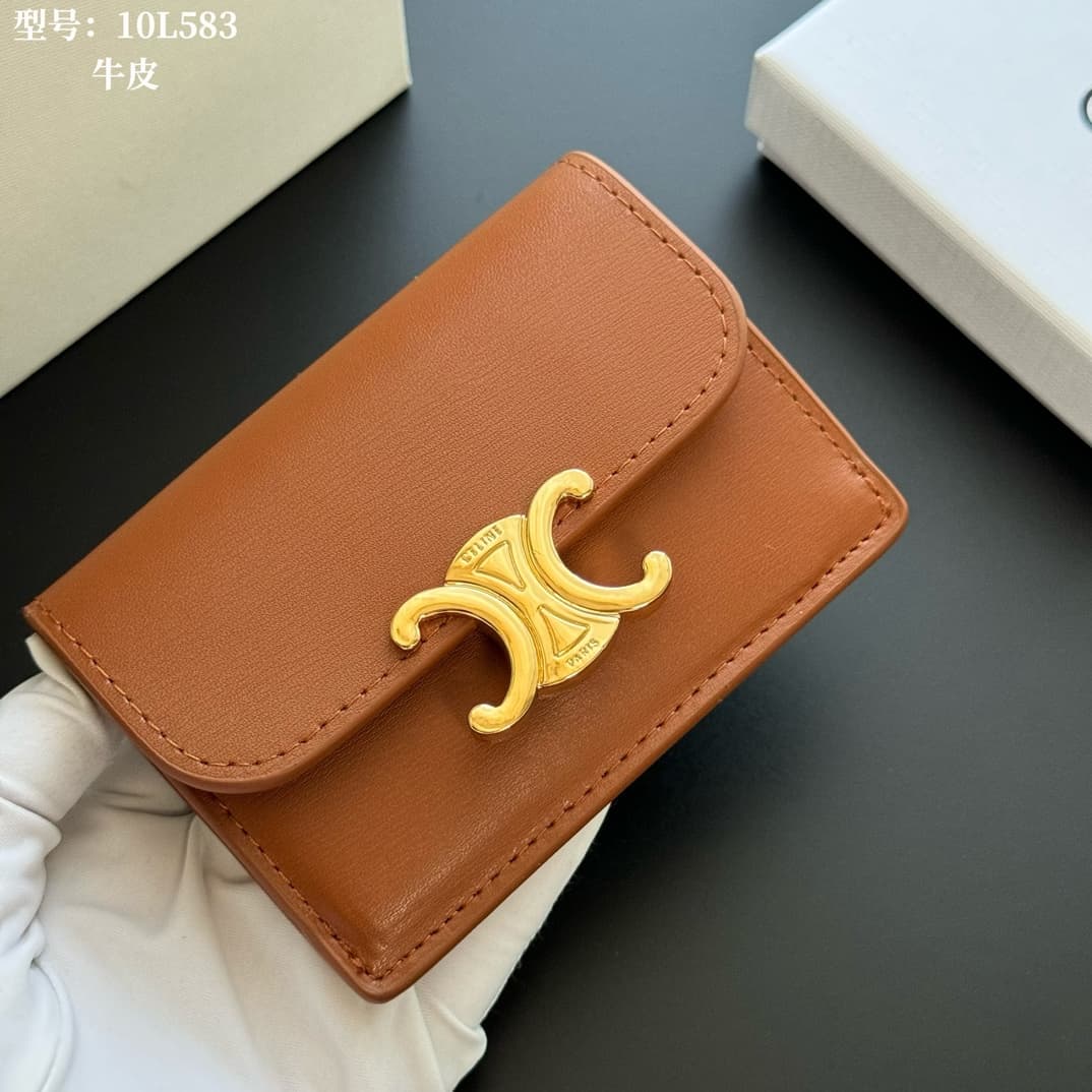 Celine Triomphe Flap Card Holder in shiny Caramel calfskin High