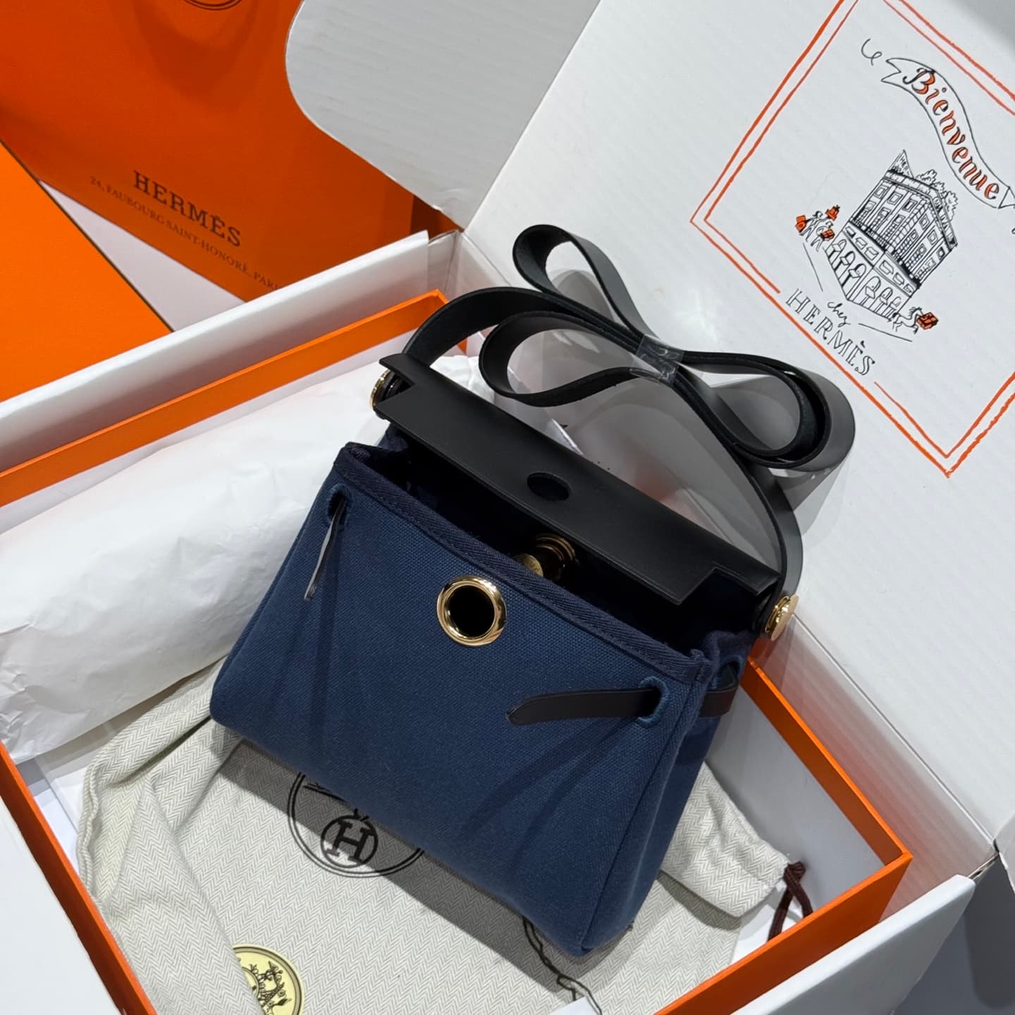 Hermes Herbag Zip Mini 20 bag Canvas and Leather Deep Bleu TOP