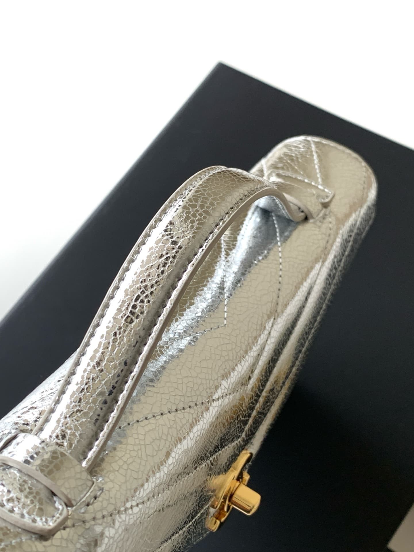 Chanel Flap Bag with Top Handle Metallic Chevron Calfskin Leather Finish& Gold-Tone Metal Silver AS6044 A