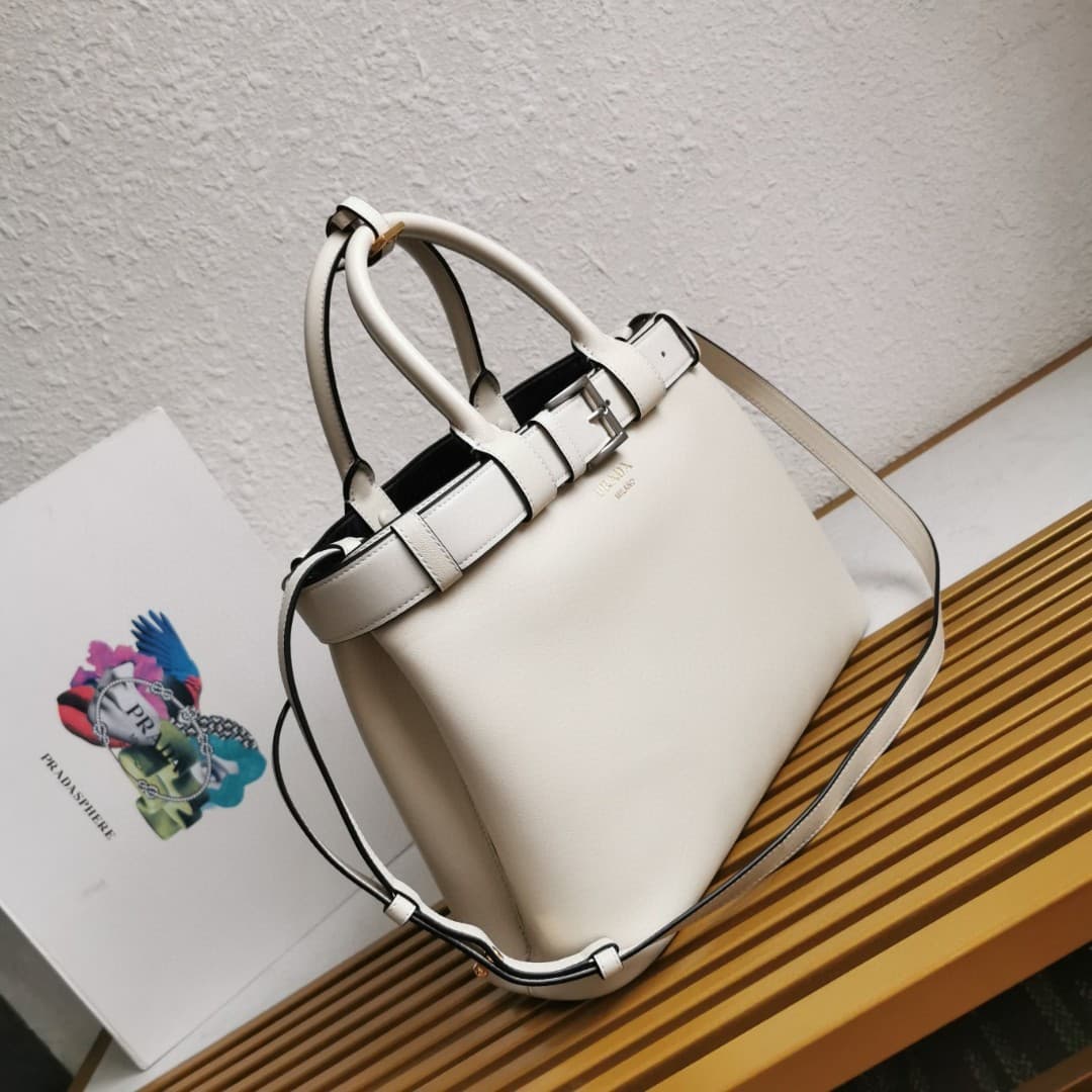 Prada Buckle small leather handbag with belt 1BA434 White/Black High