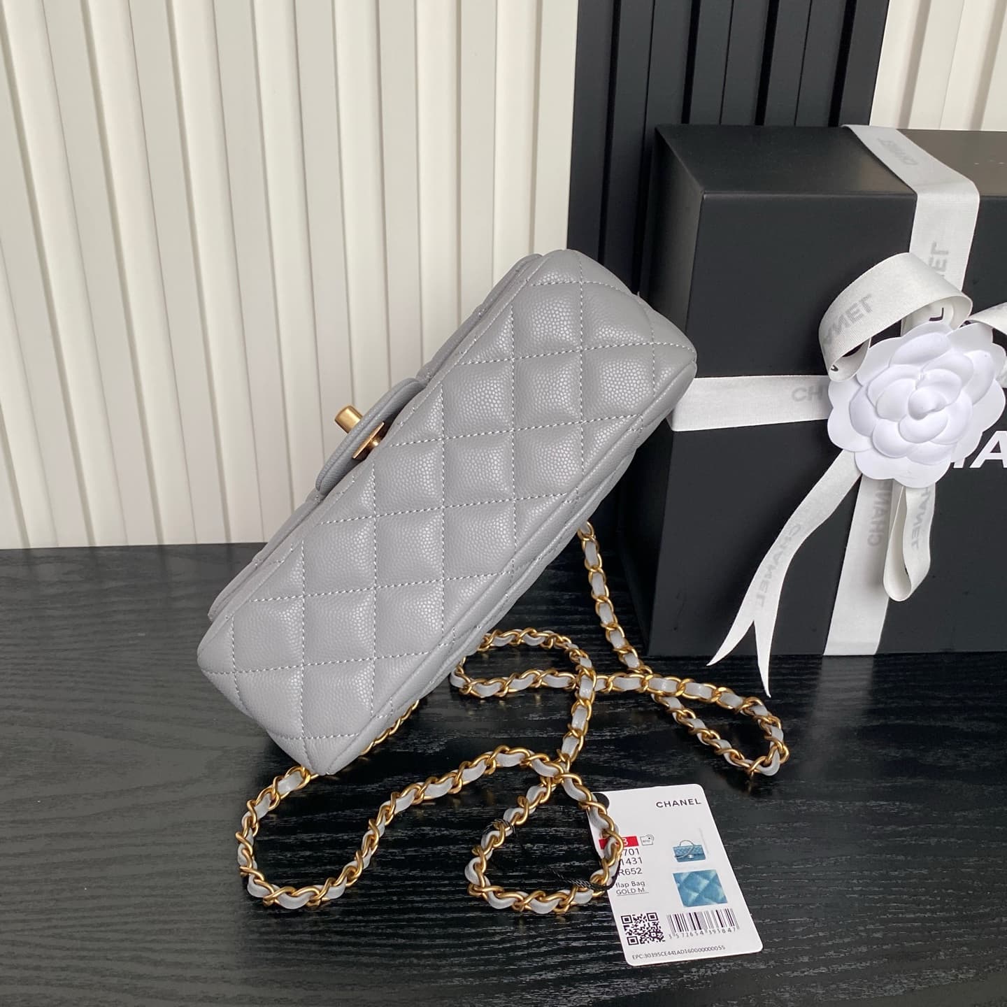 Chanel Mini Flap Bag with Top Handle Grained Shiny Calfskin &  Gold-Tone Metal Grey AS5702 A
