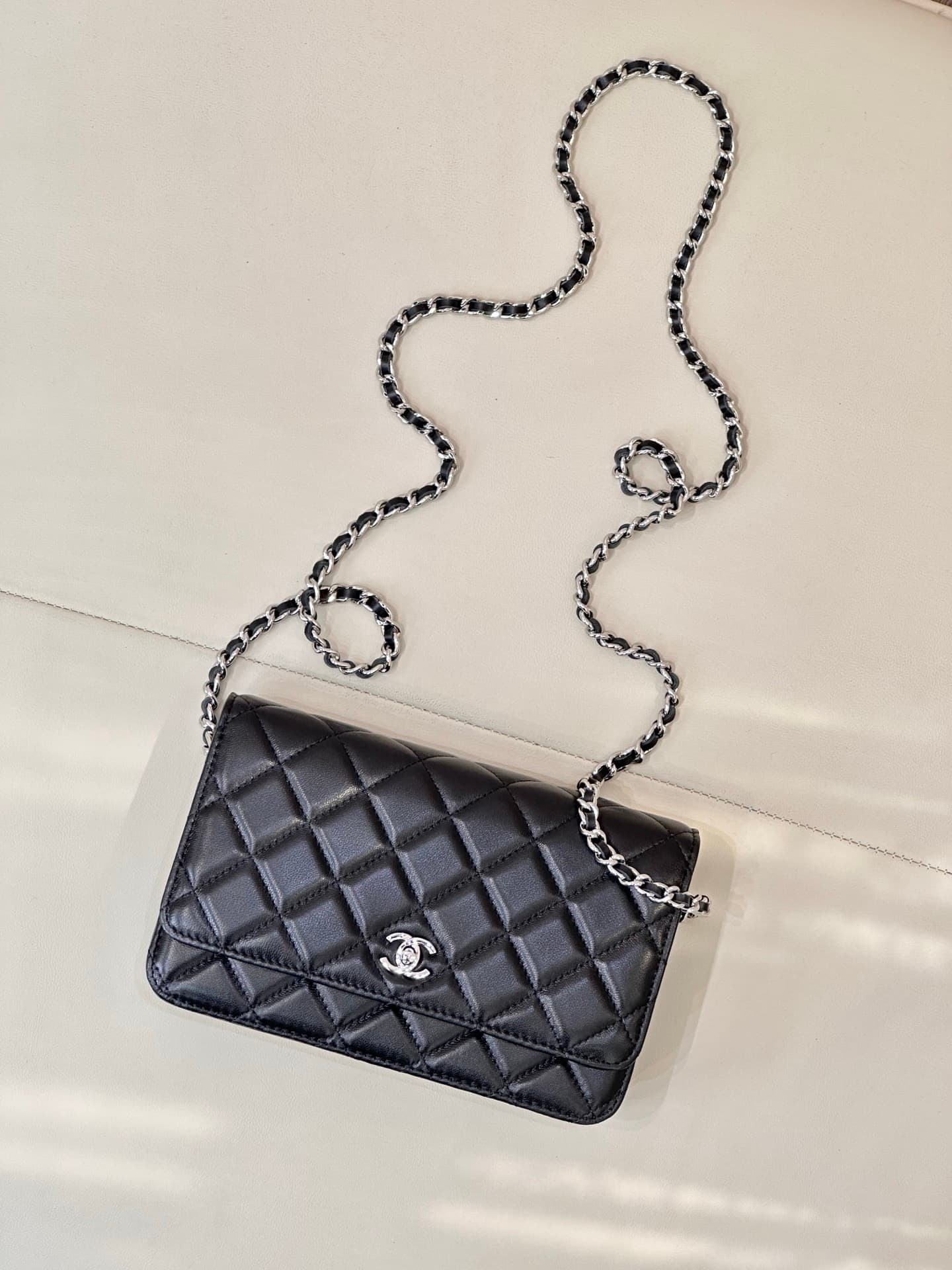 Chanel Classic Wallet on Chain Shiny Lambskin & Silver-Tone Metal AP4241 Black TOP