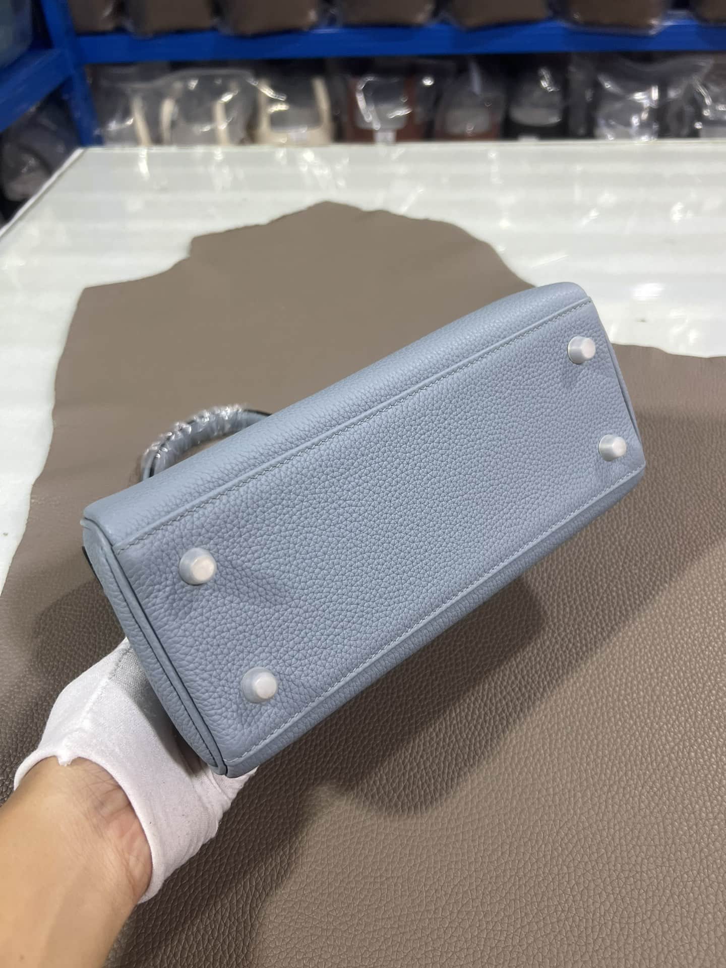 Hermes Kelly 25/28/32cm Retourne Bag Togo Leather In Grey-Blue WAX High