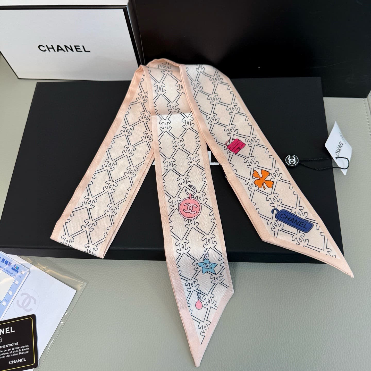 Chanel Pink Lucky Charm Silk Twilly Bandeau Scarf