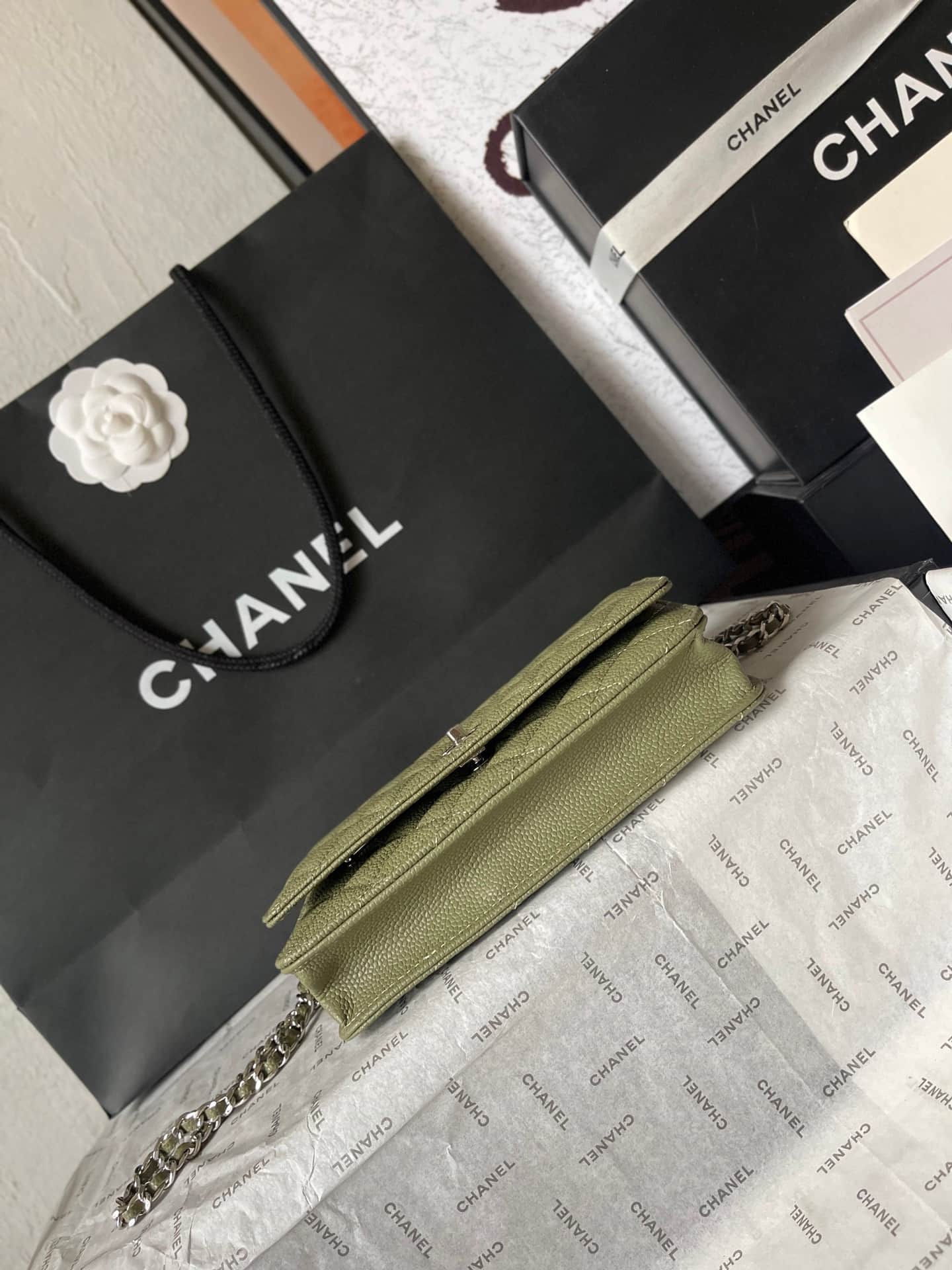Chanel Classic Wallet on Chain Grained Shiny Calfskin & Silver-Tone Metal AP4241 Dark Green A