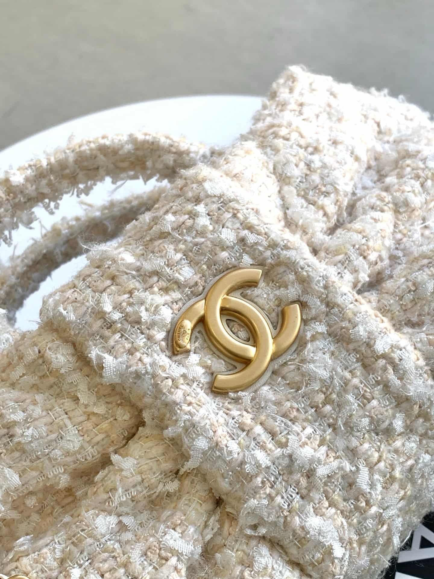 Chanel Mini Bow Bag Tweed & Gold-Tone Metal Beige AS5849 A
