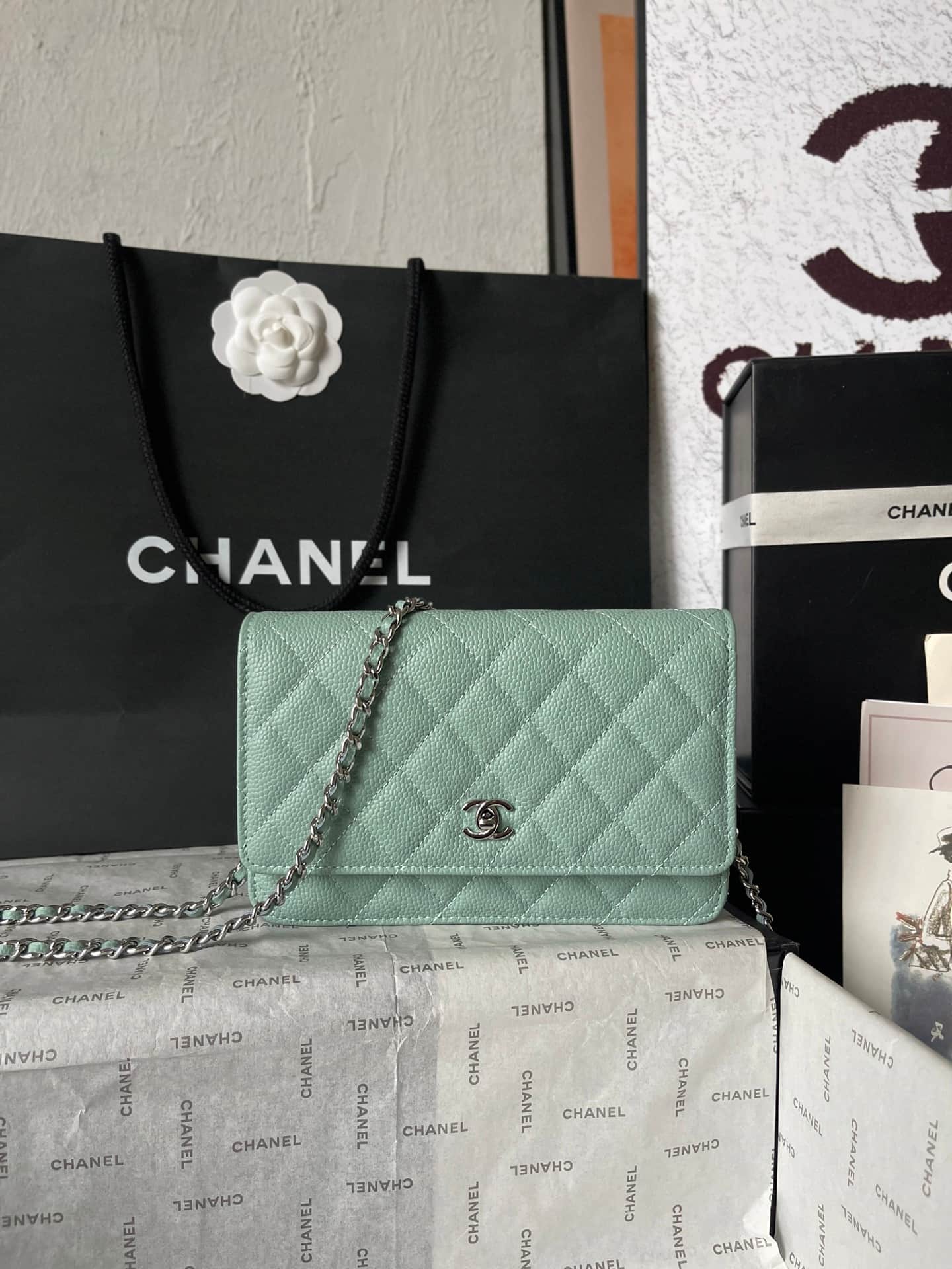 Chanel Classic Wallet on Chain Grained Shiny Calfskin & Silver-Tone Metal AP4241 Light Green A