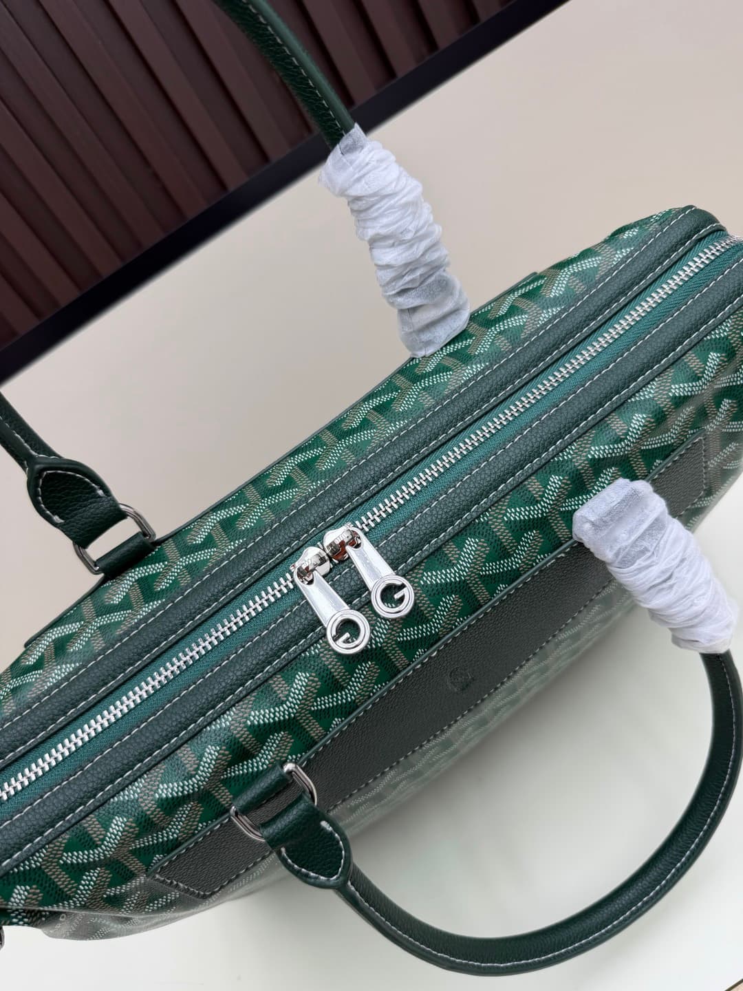 Goyard Cisalpin Document Case Green Chevron Print Coated Canvas Mid