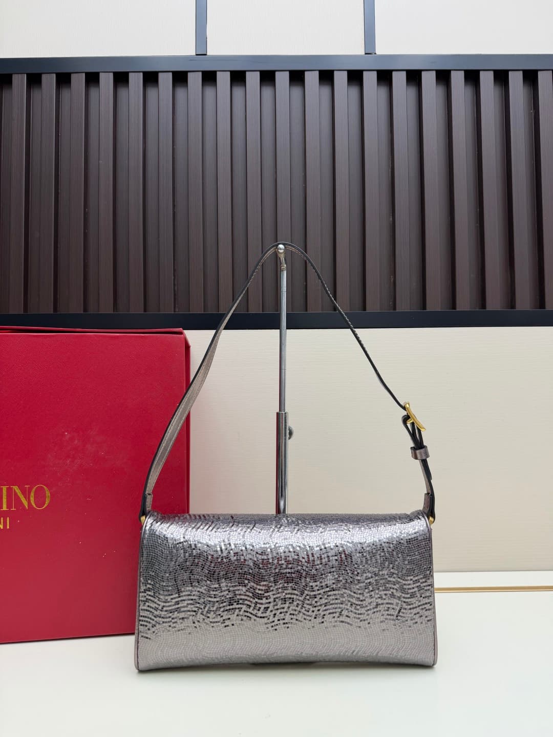 Valentino Garavani Devain Small Nappa Sequins Shoulder Bag Dark Silver High