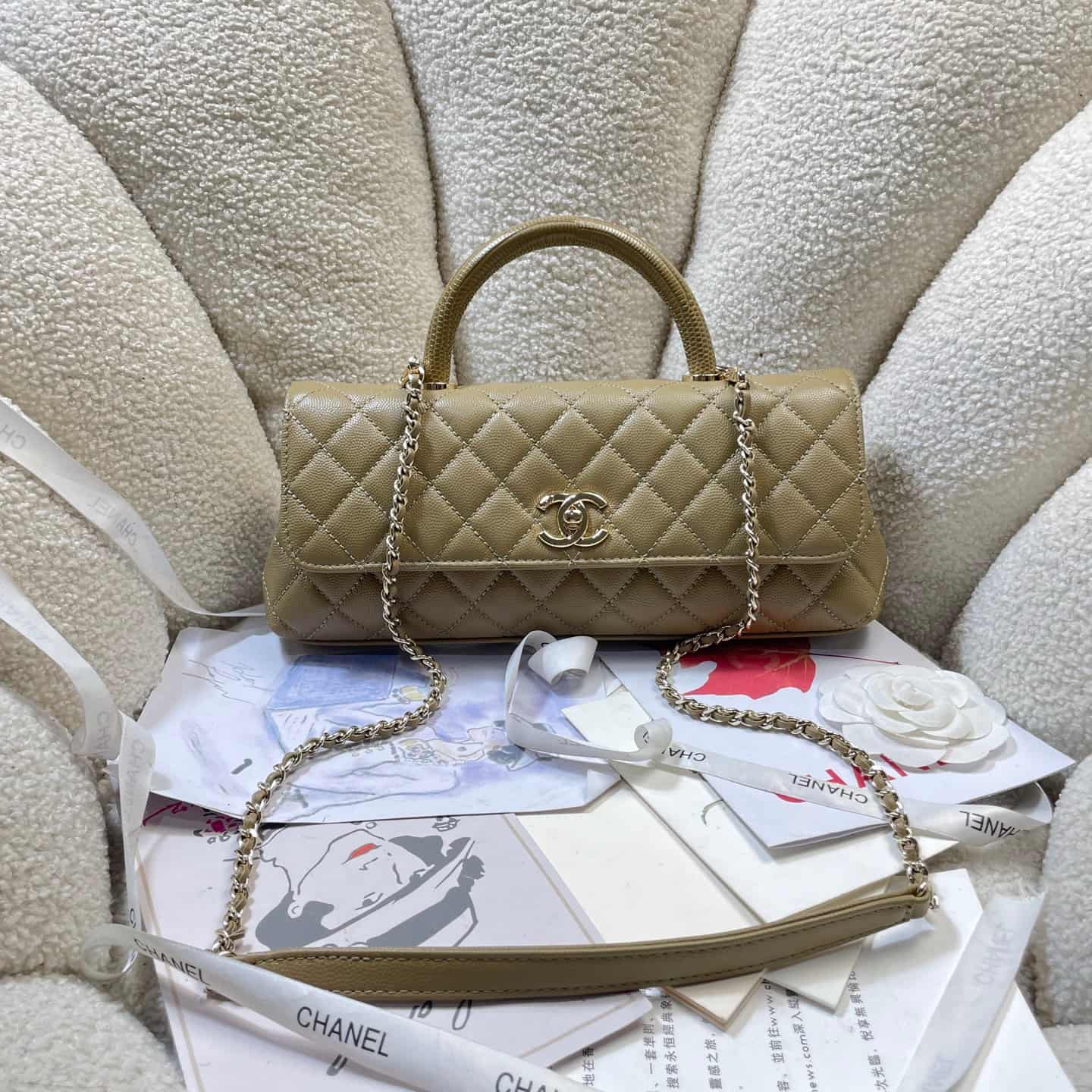 Chanel Maxi Flap Bag with Top Handle Grained Calfskin& Gold-Tone Metal AS6091 Dark Yellow A
